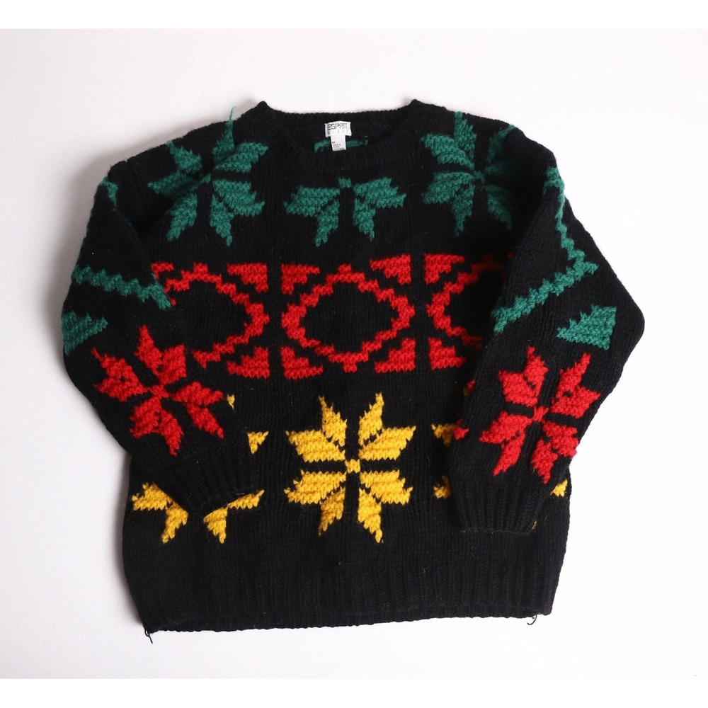 Vintage Esprit Sport 100% Wool Snowflake Sweater Black Red Yellow Green Medium